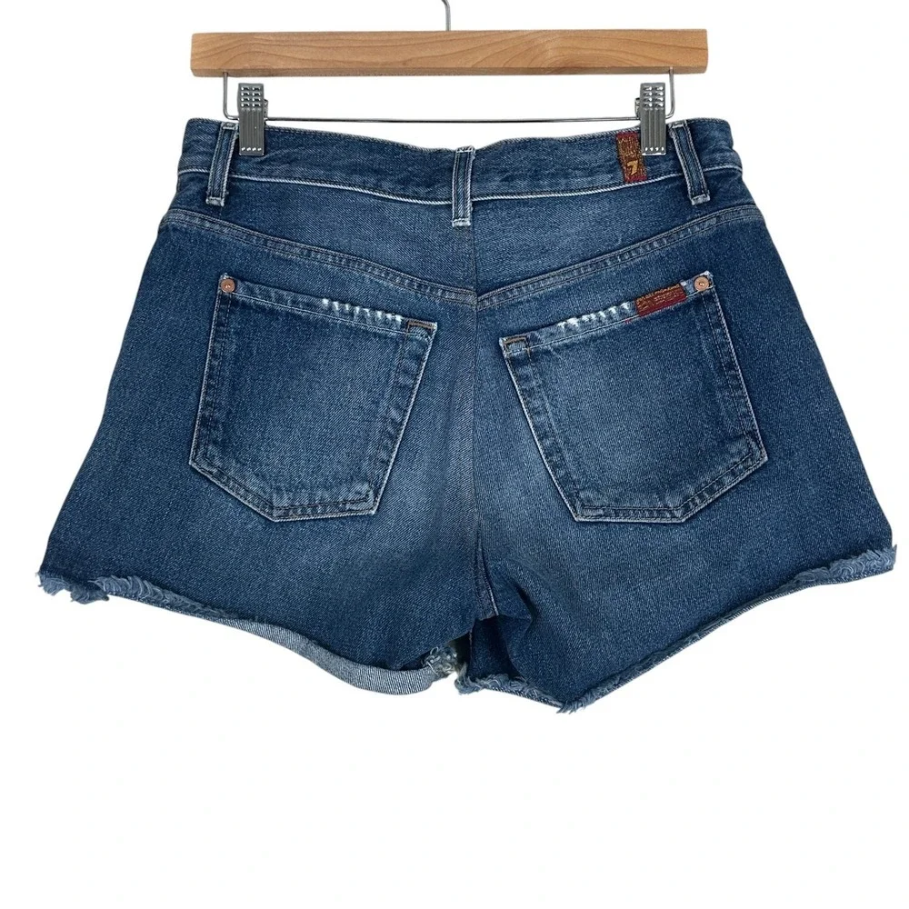 7 For All Mankind Distressed Shredded Denim Shorts Blue Raw Hem AU5170712A Sz 29